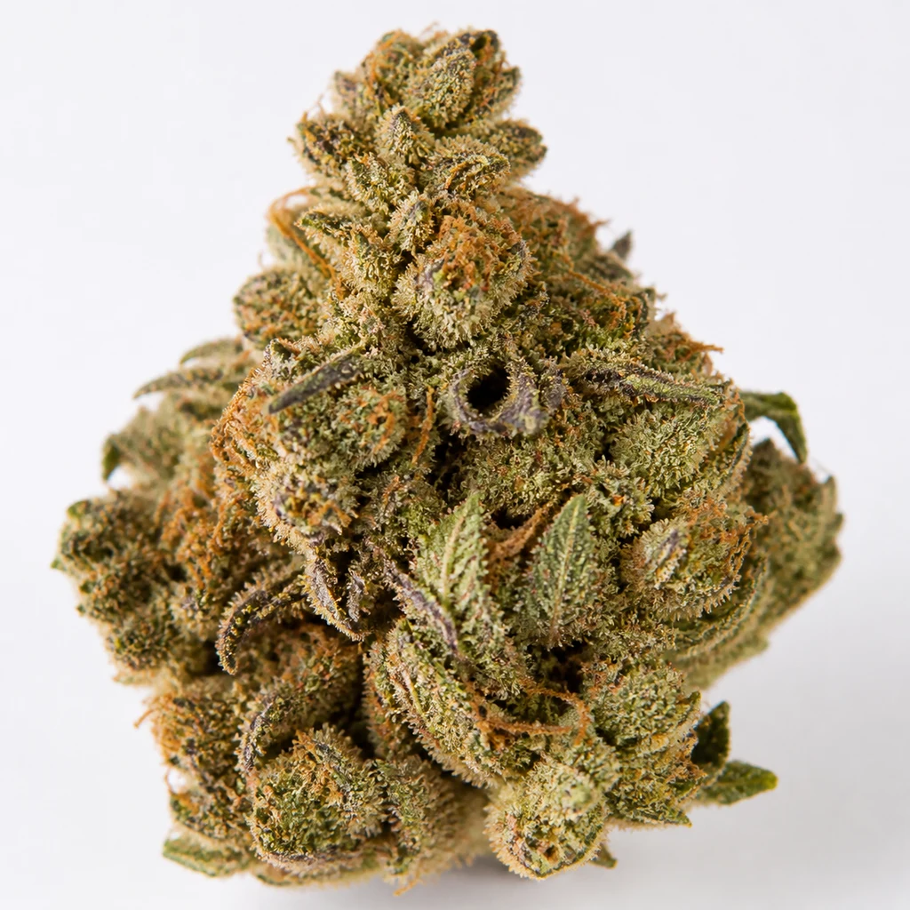 Ilustración de un cogollo verde con hojas oscuras y filamentos anaranjados para la ficha de Amnesia Haze Feminizada de Nirvana Seeds.