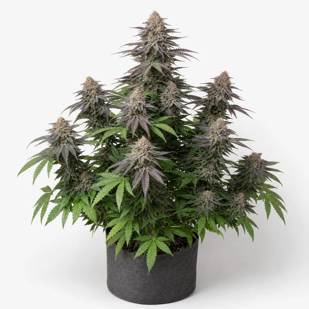 Planta de Amnesia Haze de Soma Seeds en maceta gris, con varias ramas de cogollos y hojas verdes y moradas sobre fondo blanco.