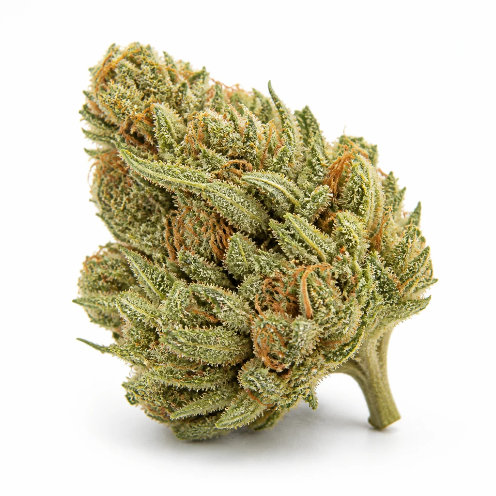 Ilustración de un cogollo verde con hojas alargadas y filamentos naranjas para la ficha de Amnesia Haze Ultra CBD Feminizada.