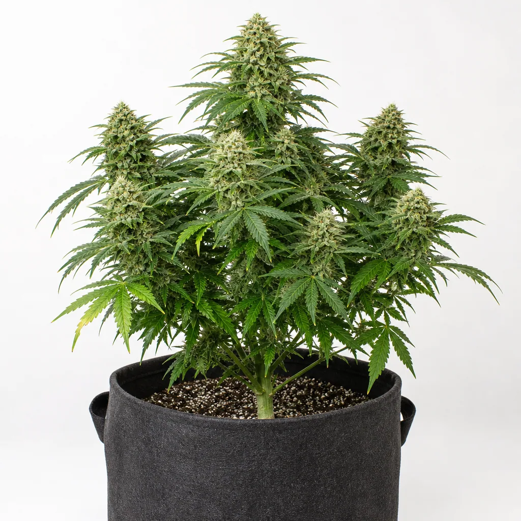 Planta de Auto Afghan Skunk en floración, con cogollo central alto y ramas laterales floridas, en maceta de tela negra sobre fondo blanco.