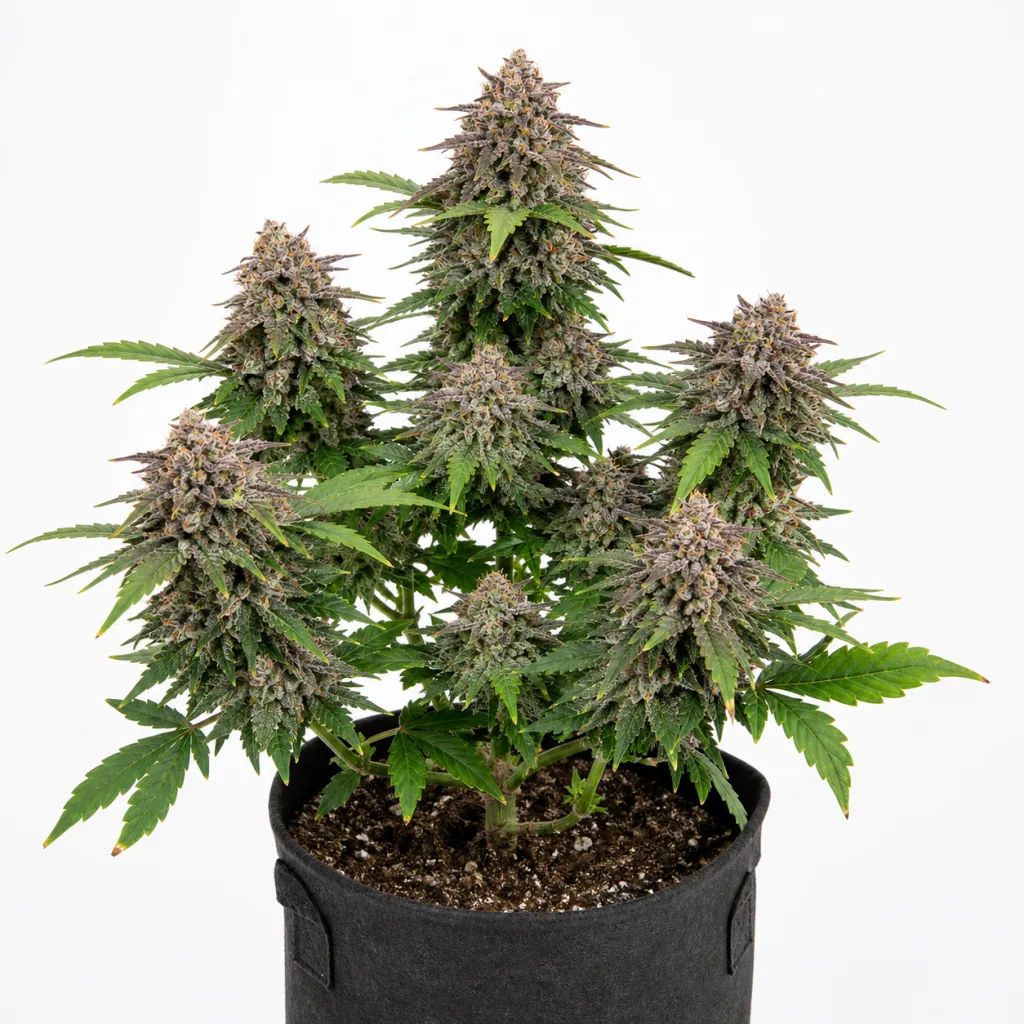 Planta de Auto Apple Fritter en floración, con varias colas de tonos verdes y morados, en una maceta de tela negra sobre fondo blanco.