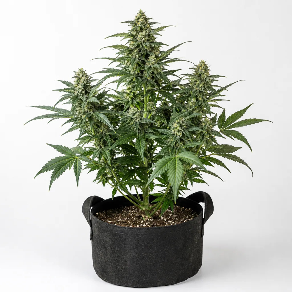 Planta de Auto Black Toffee de Green House Seeds en floración, con cogollos en varias ramas y maceta negra con asas.