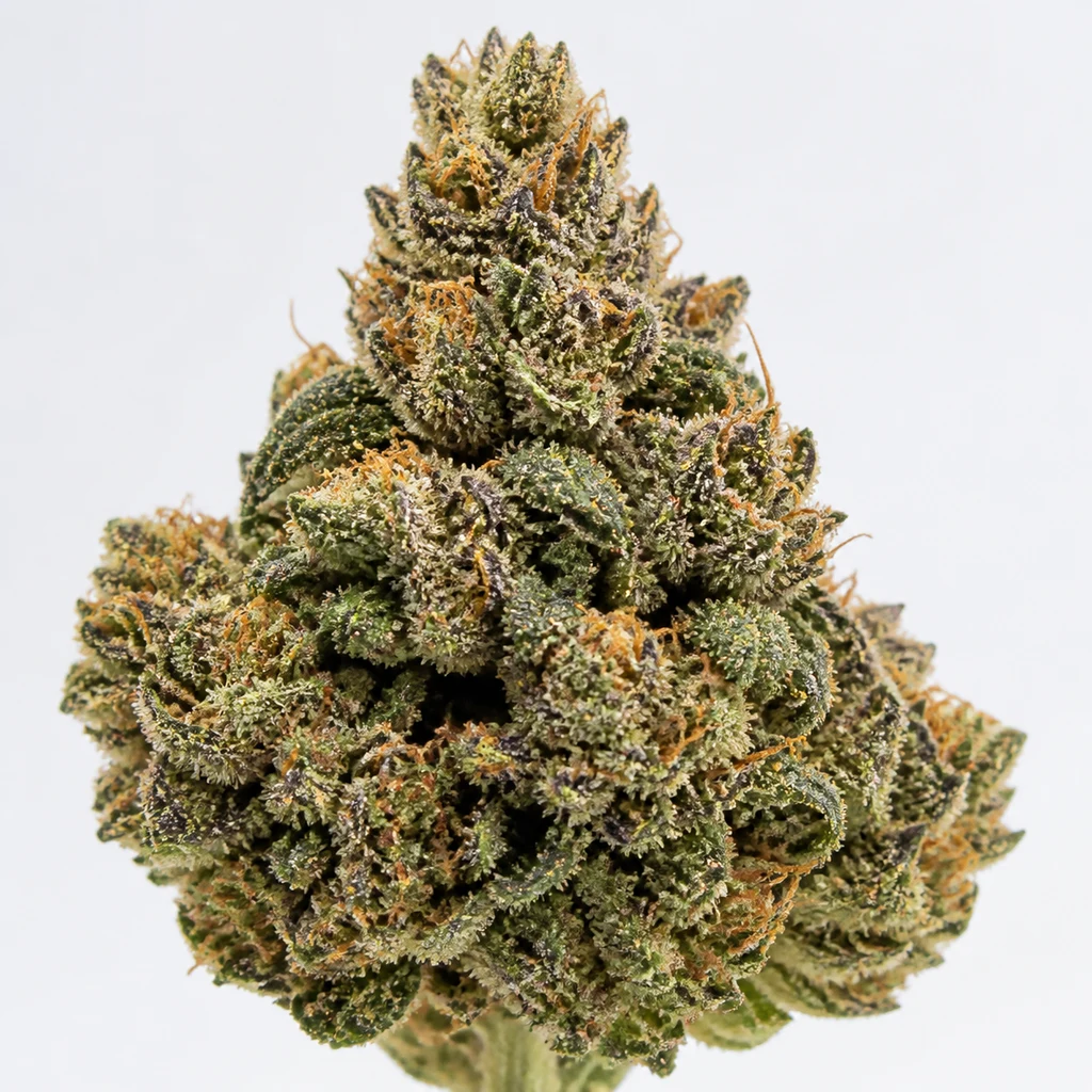 Ilustración de un cogollo compacto con tonos verdes y morados, pistilos anaranjados y tricomas para la ficha de Auto Blubonik de Genehtik Seeds.