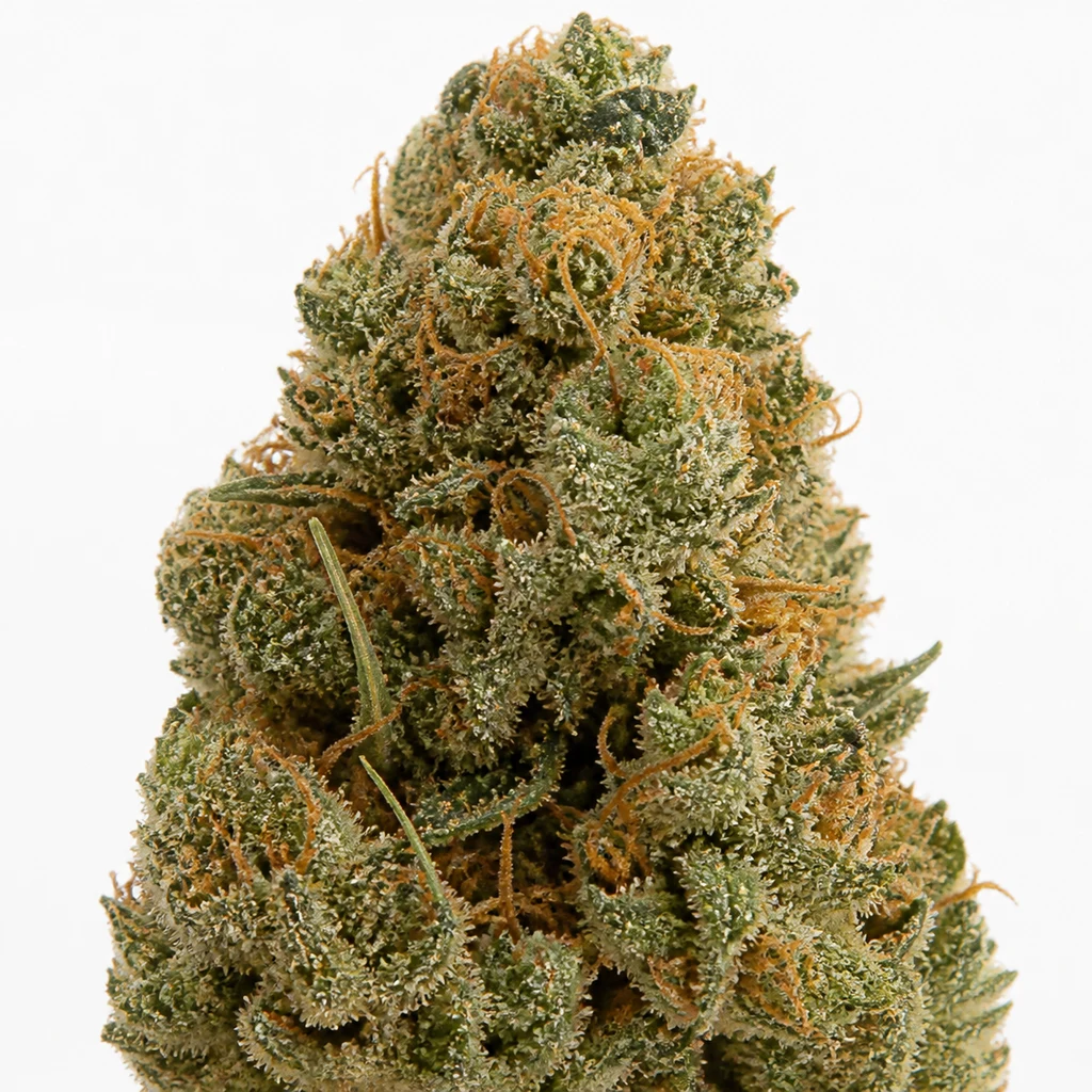 Ilustración de un cogollo verde alargado con pistilos anaranjados para la ficha de Auto Bruce Banner – Barney's Farm.
