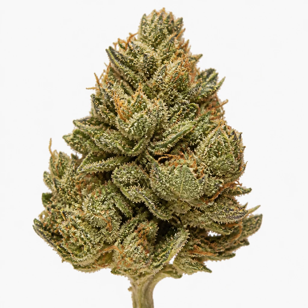 Ilustración de un cogollo verde con filamentos anaranjados y pequeñas hojas para la ficha de Auto Dosidos de Kannabia Seeds.