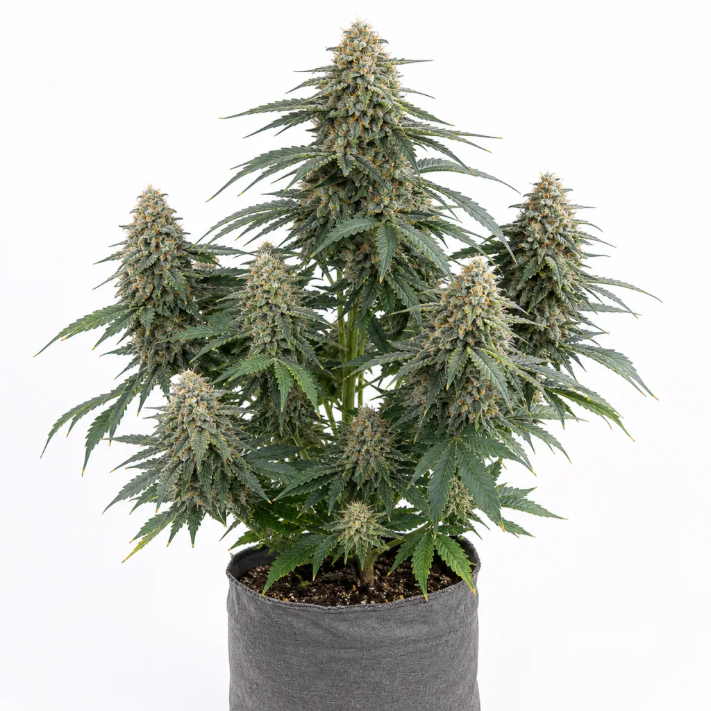 Planta de cannabis Auto Dream Queen en maceta gris, con un cogollo central alto y varias ramas floridas sobre fondo blanco.