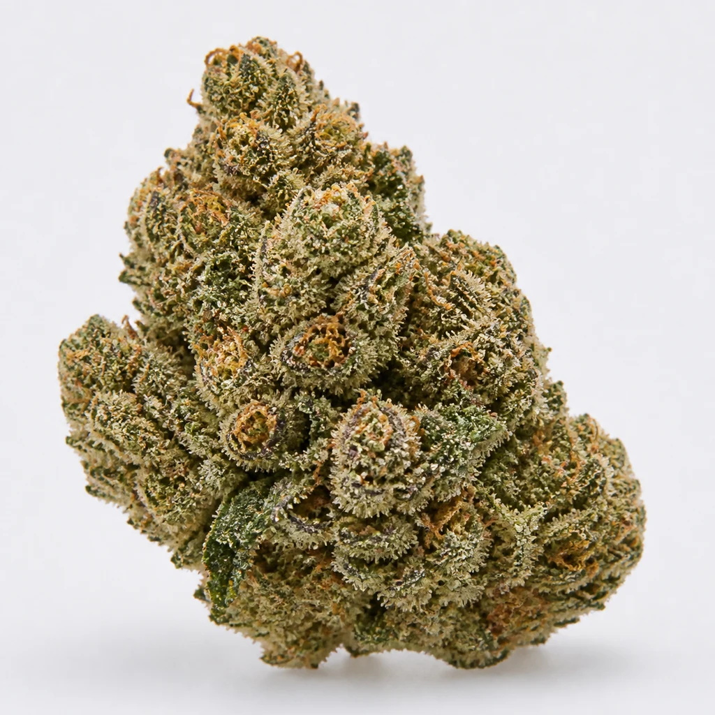 Ilustración de un cogollo compacto para la ficha de Auto Gelato de Nirvana Seeds, con tonos verdes, filamentos anaranjados y cobertura blanquecina.