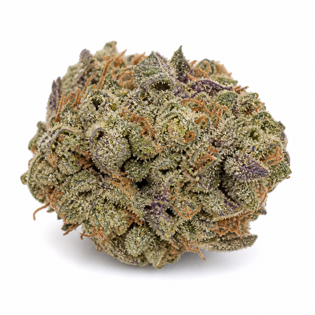 Cogollo de Auto Jealous Mary de G13 Labs, redondeado, con hojas verdes y moradas, filamentos anaranjados y superficie blanquecina.