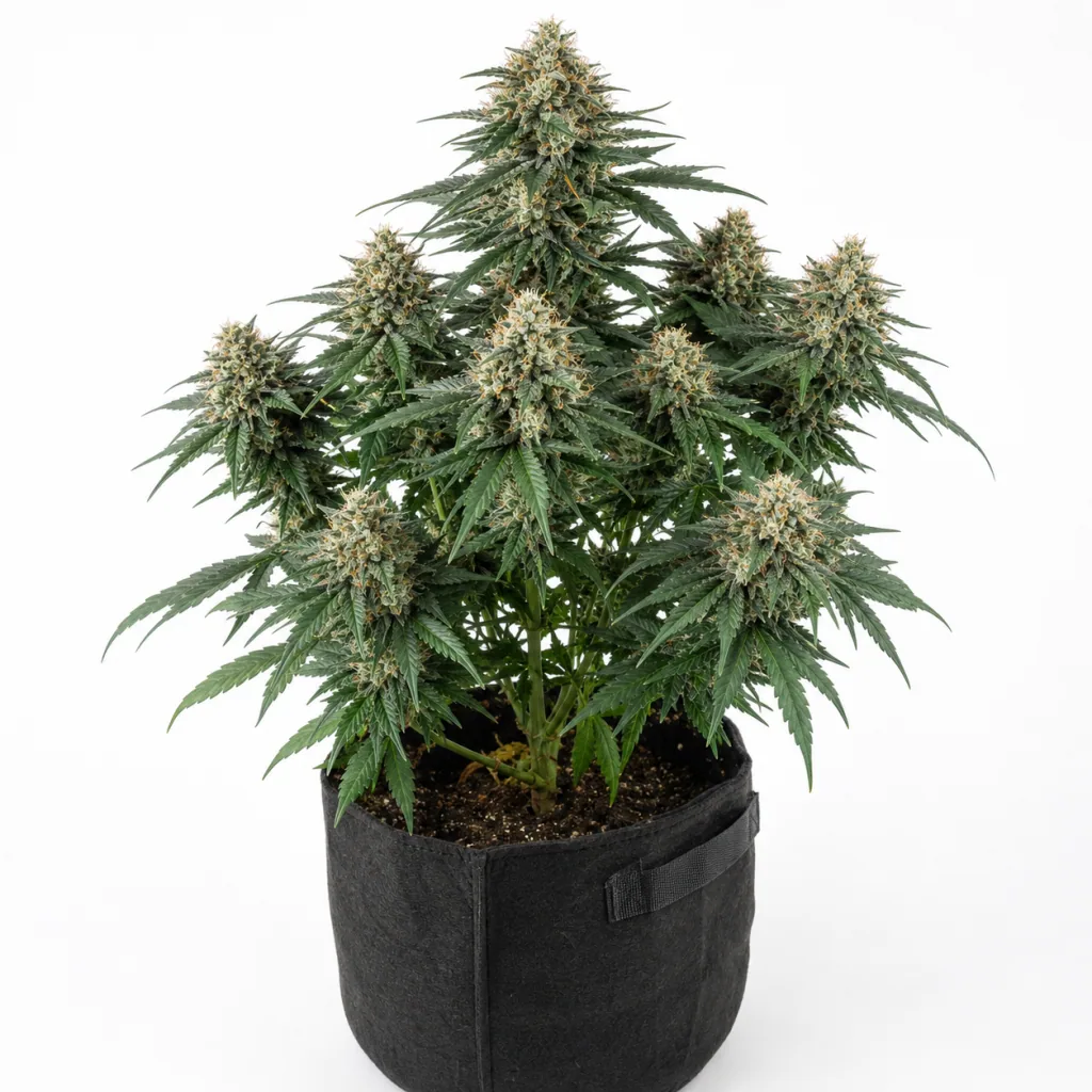 Planta de Auto Jungle Lava de Original Sensible Seeds en floración, con cogollos repartidos por las ramas y maceta negra sobre fondo blanco.