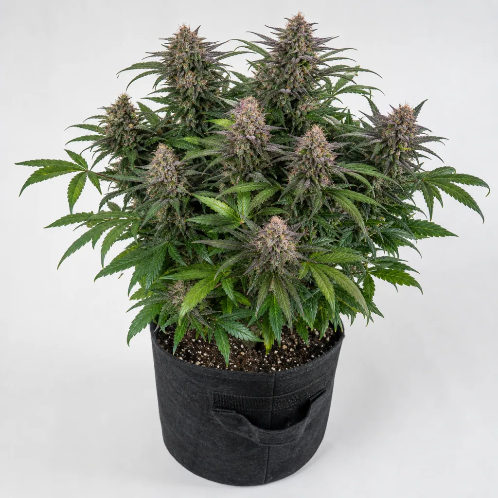 Auto New York City de Pyramid Seeds en maceta textil negra, con abundantes cogollos y hojas verdes sobre fondo blanco.
