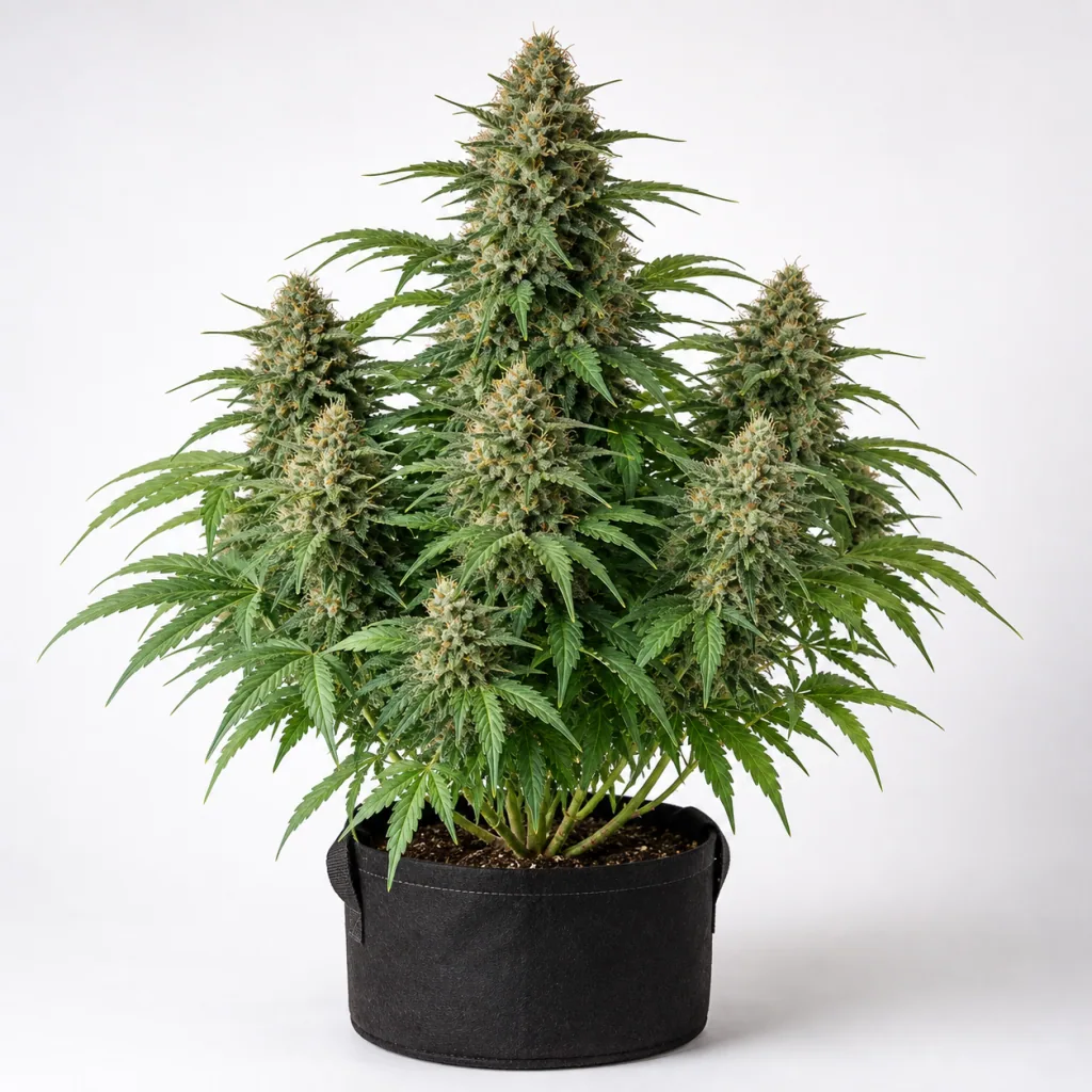 Planta de Auto Northern Hog de TH Seeds en maceta negra, con flores alargadas y abundantes hojas verdes sobre fondo blanco.