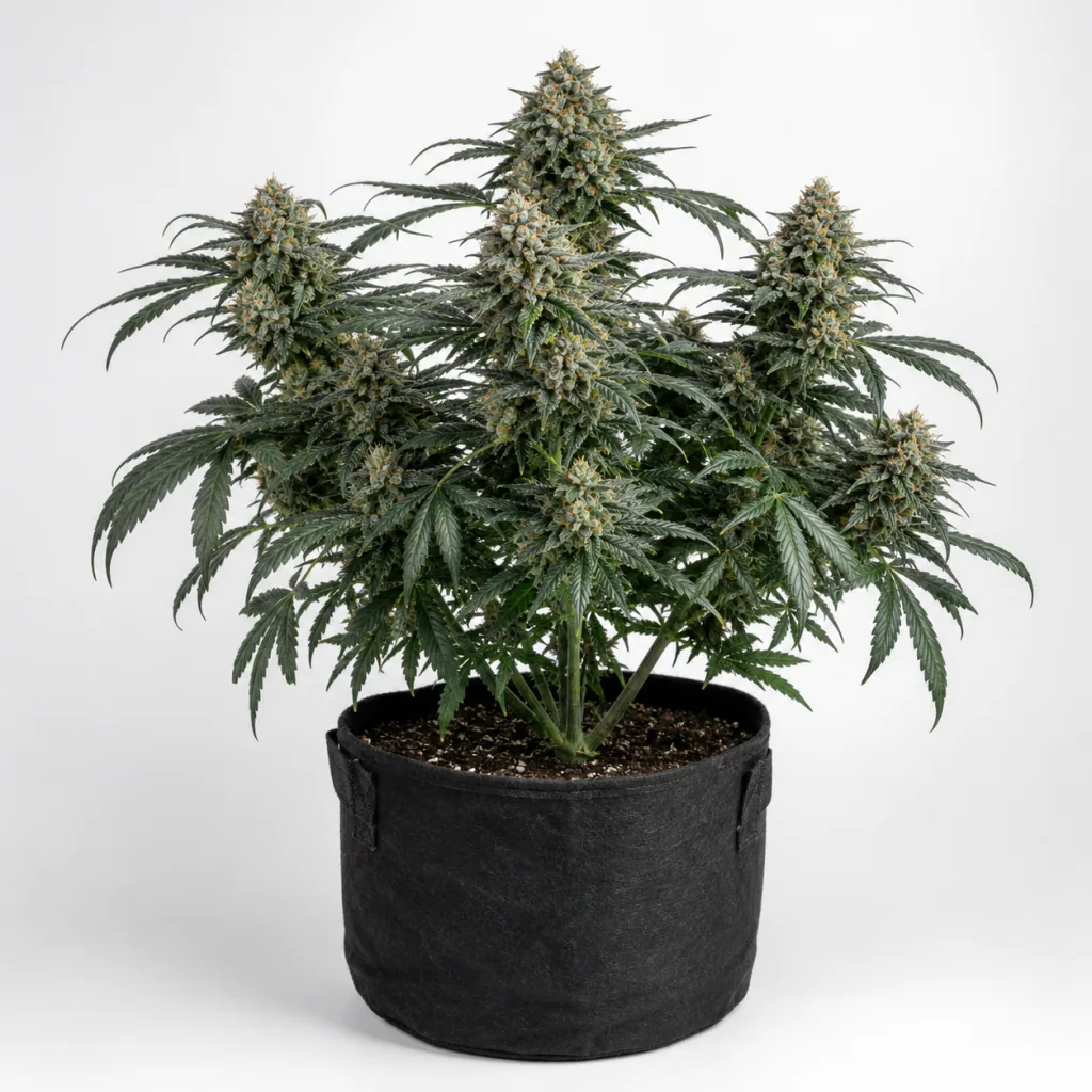 Planta de Auto Northern Lights de G13 Labs en floración, con cogollos abundantes y hojas verdes en una maceta de tela negra.
