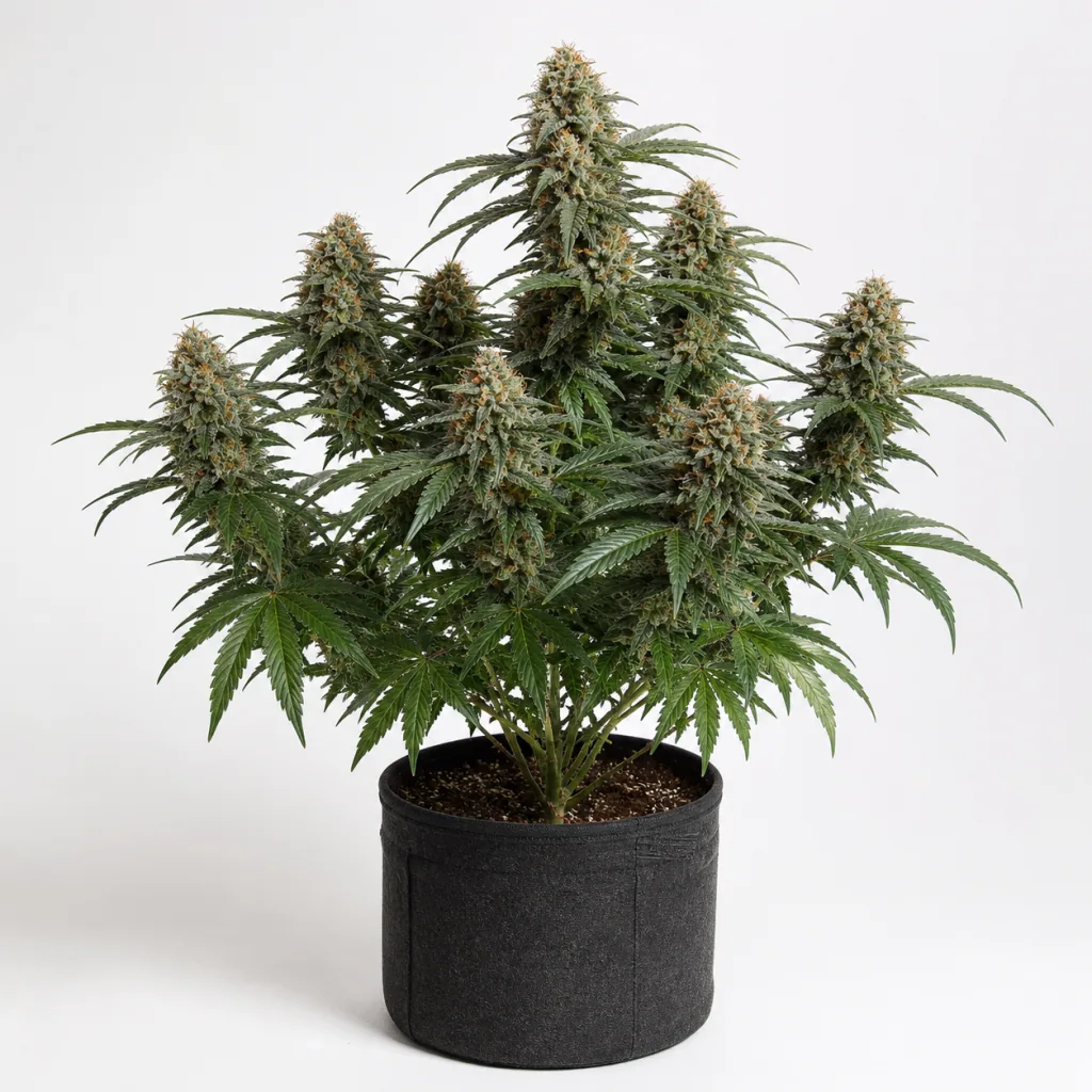 Planta de Auto Pineapple Larry OG XXL en maceta de tela negra, con abundantes cogollos y follaje verde sobre fondo blanco.