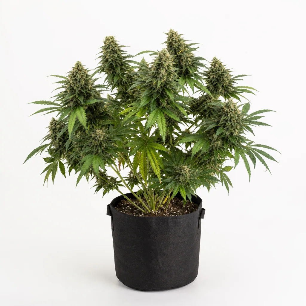 Planta de Auto Purple Sunset en floración, con varias ramas cargadas de cogollos y hojas verdes, en maceta negra sobre fondo blanco.