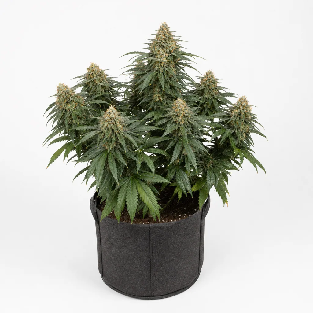 Planta de Auto Raspberry Cough de Nirvana Seeds en floración, con varias ramas y flores en una maceta de tela sobre fondo blanco.