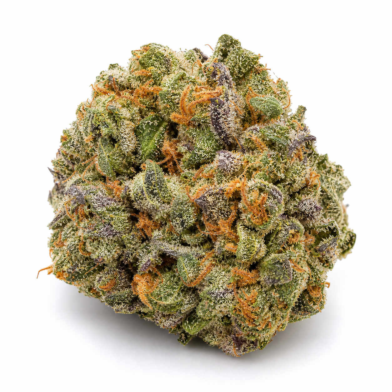 Cogollo de Auto Rucu Cucu OG de Seed Stockers con hojas verdes y moradas, filamentos anaranjados y cobertura blanquecina sobre fondo blanco.