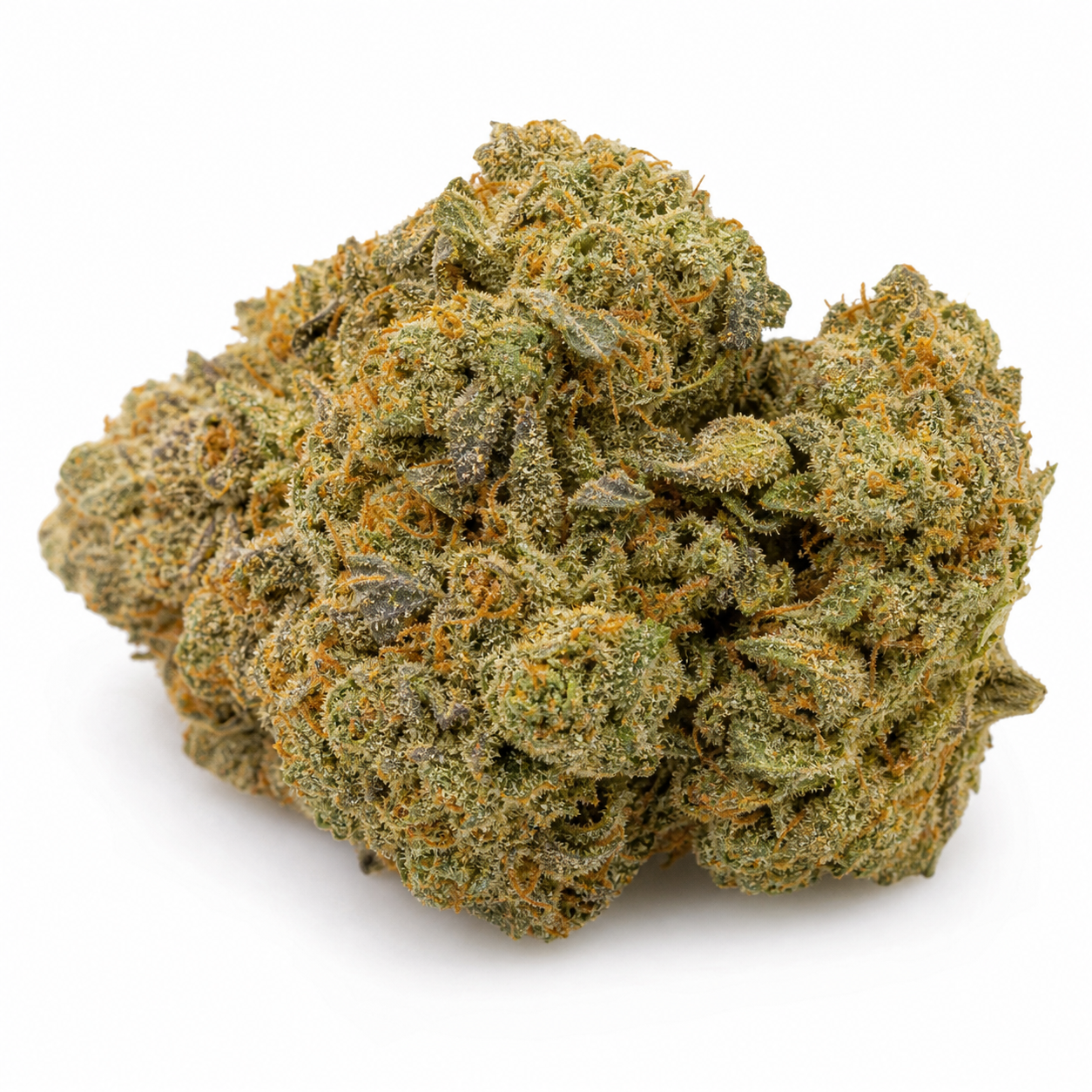 Cogollo de Auto Strawberry Banana de Advanced Seeds en primer plano, con tonos verdes, pistilos anaranjados y abundantes tricomas.
