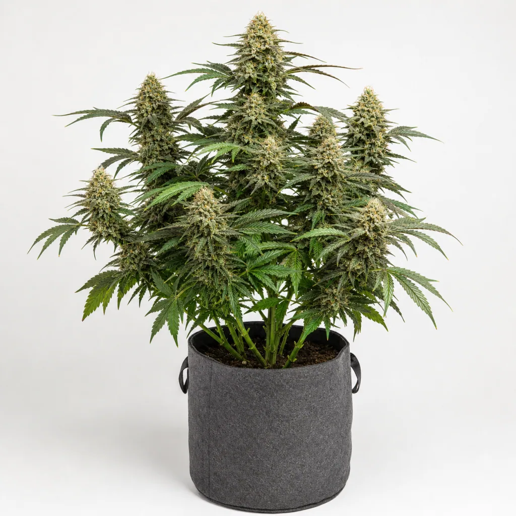 Planta de Auto StrawBilbo Banana en floración, con cogollos alargados y hojas verdes, en maceta textil gris sobre fondo blanco.