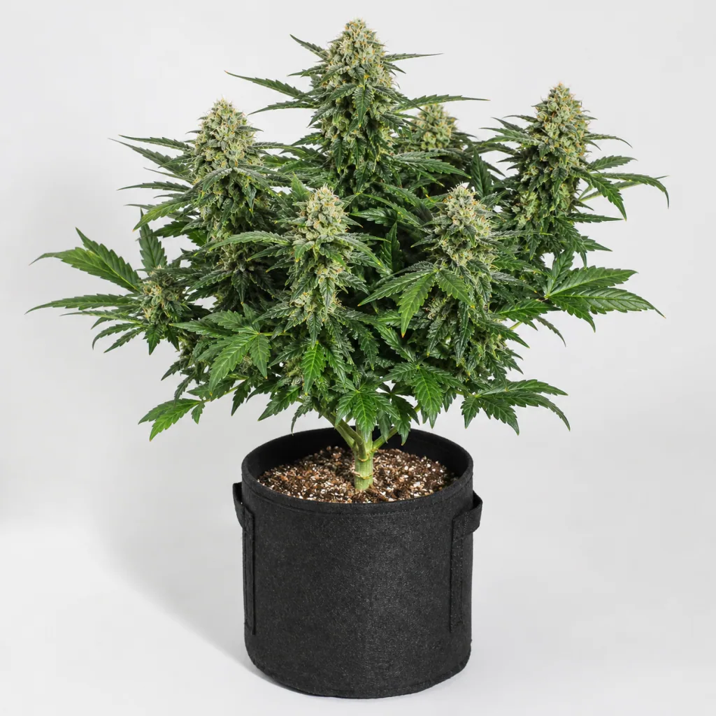 Planta de Auto Sunset Vibes de G13 Labs en maceta textil negra, con varias ramas cargadas de cogollos y hojas verdes sobre fondo claro.
