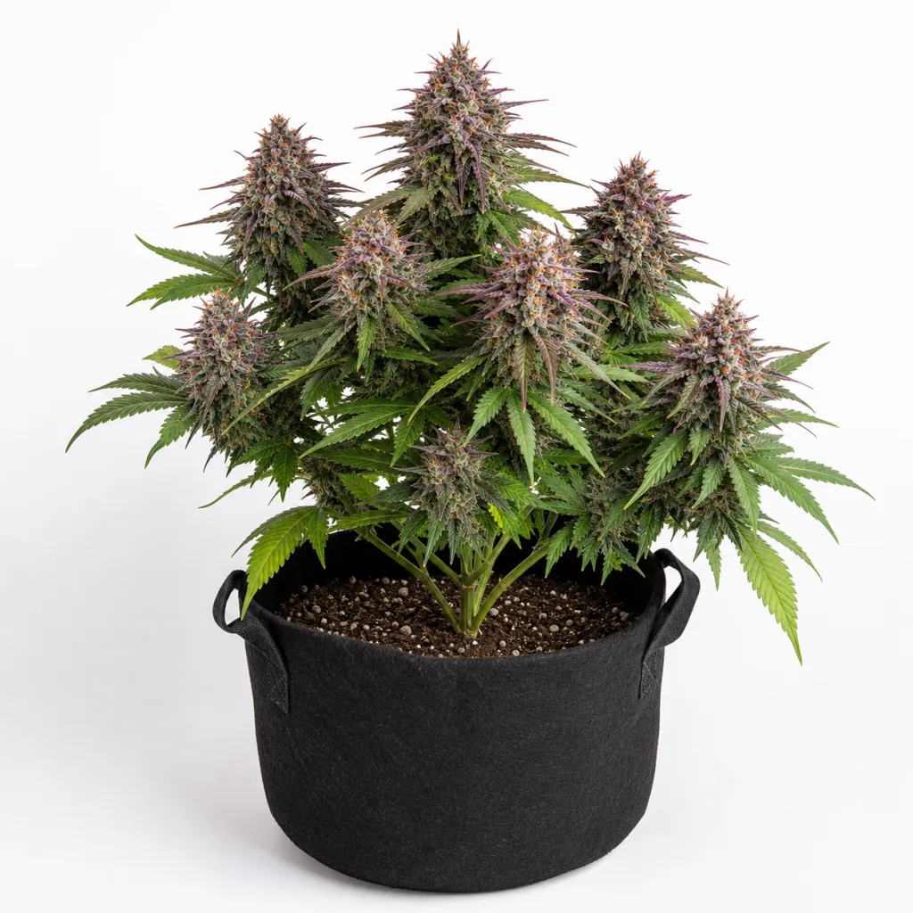 Planta de Auto Tri-Whip Kush en floración, con flores de tonos verdes y morados, en una maceta textil negra con asas.