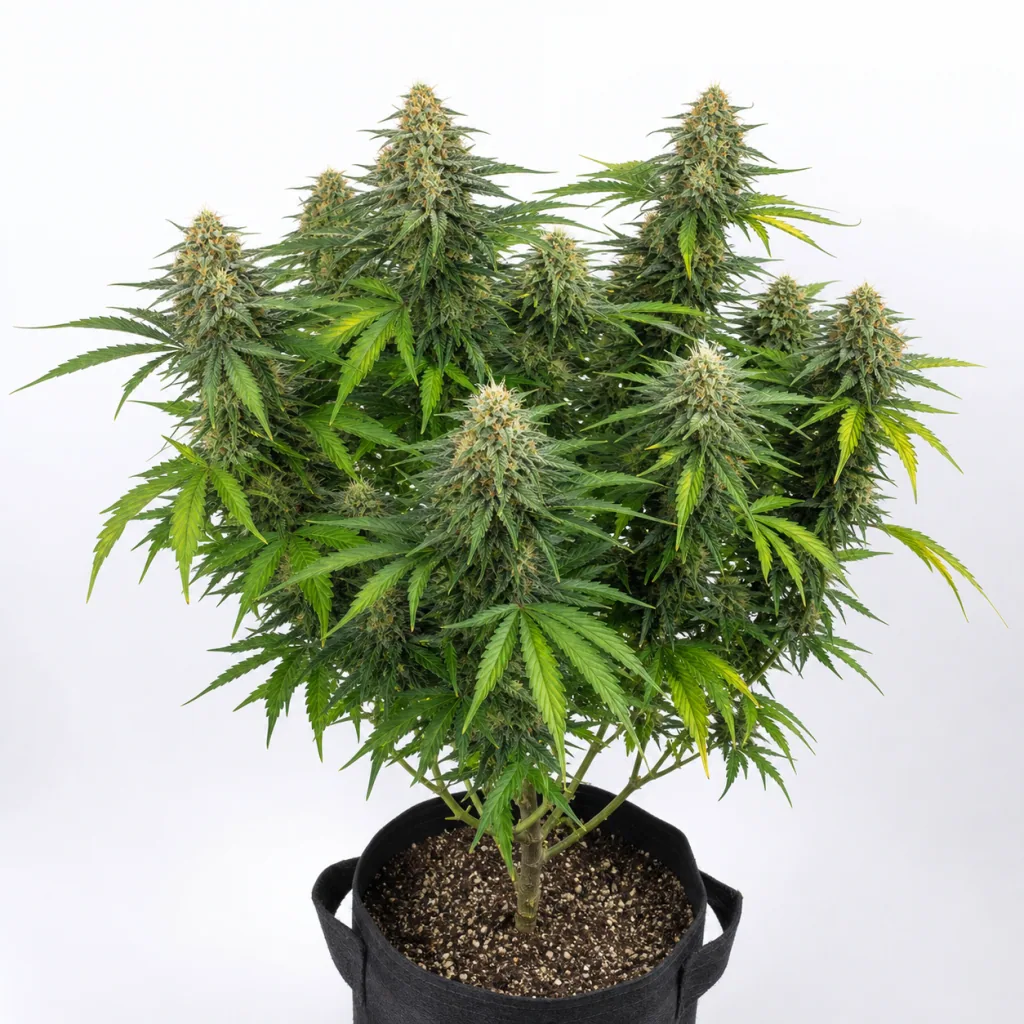 Planta en floración de Auto Trichome & Cream de Dutch Passion, con varias ramas cargadas de cogollos en una maceta negra con asas.