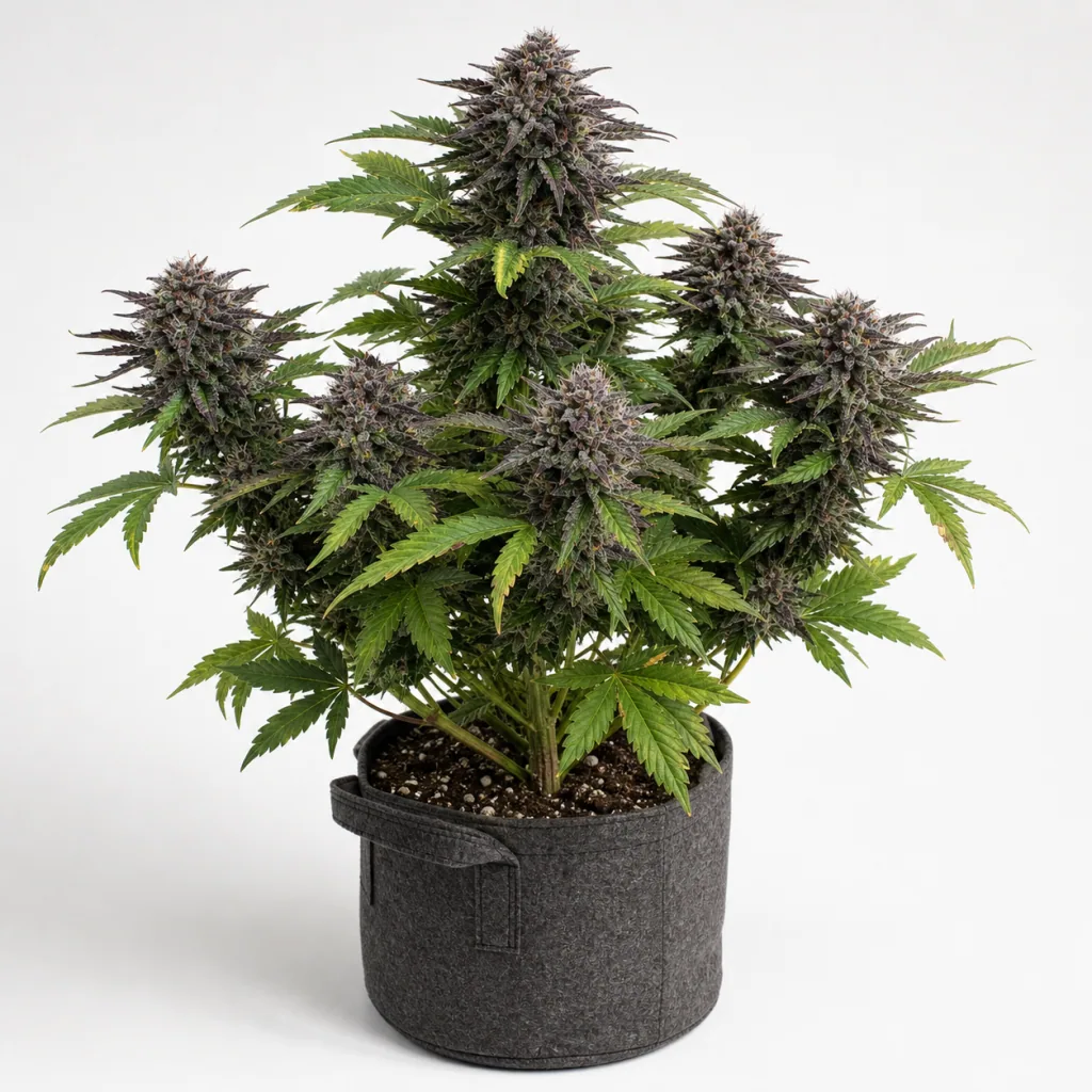 Planta de Auto Tropicana Cookies de Barney's Farm en maceta textil gris, con cogollos de tonos morados y hojas verdes sobre fondo blanco.