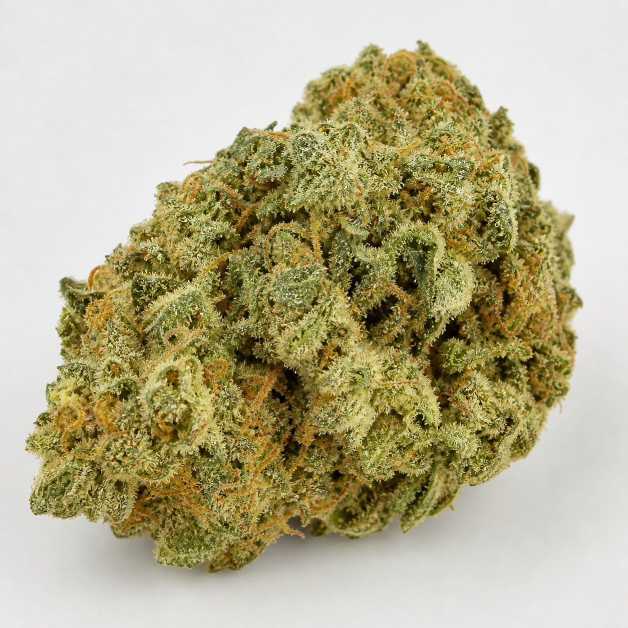 Cogollo de Auto Twilight Zlush de Original Sensible Seeds, verde con filamentos anaranjados y superficie resinosa, sobre fondo blanco.
