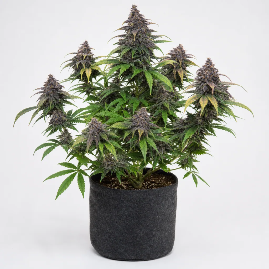 Planta de cannabis en floración en maceta negra, con varias colas de tonos morados y hojas verdes y amarillas sobre fondo blanco.