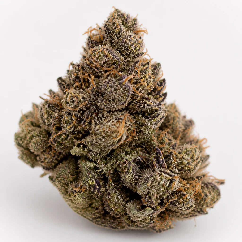 Ilustración de un cogollo cónico con tonos verdes y morados y pistilos anaranjados para la ficha de Black Cherry Punch de Pyramid Seeds.