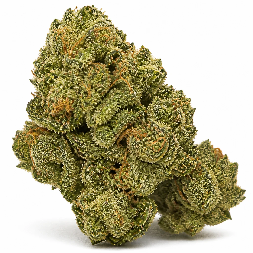 Ilustración de un cogollo verde con filamentos anaranjados y superficie granulada para la ficha de Blue Dream Feminizada de Garden Of Green.