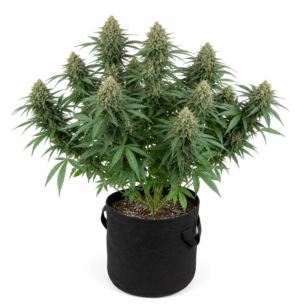 Blue Moby Auto de Seed Stockers en floración, con abundantes cogollos y hojas verdes, en una maceta de tela negra sobre fondo blanco.