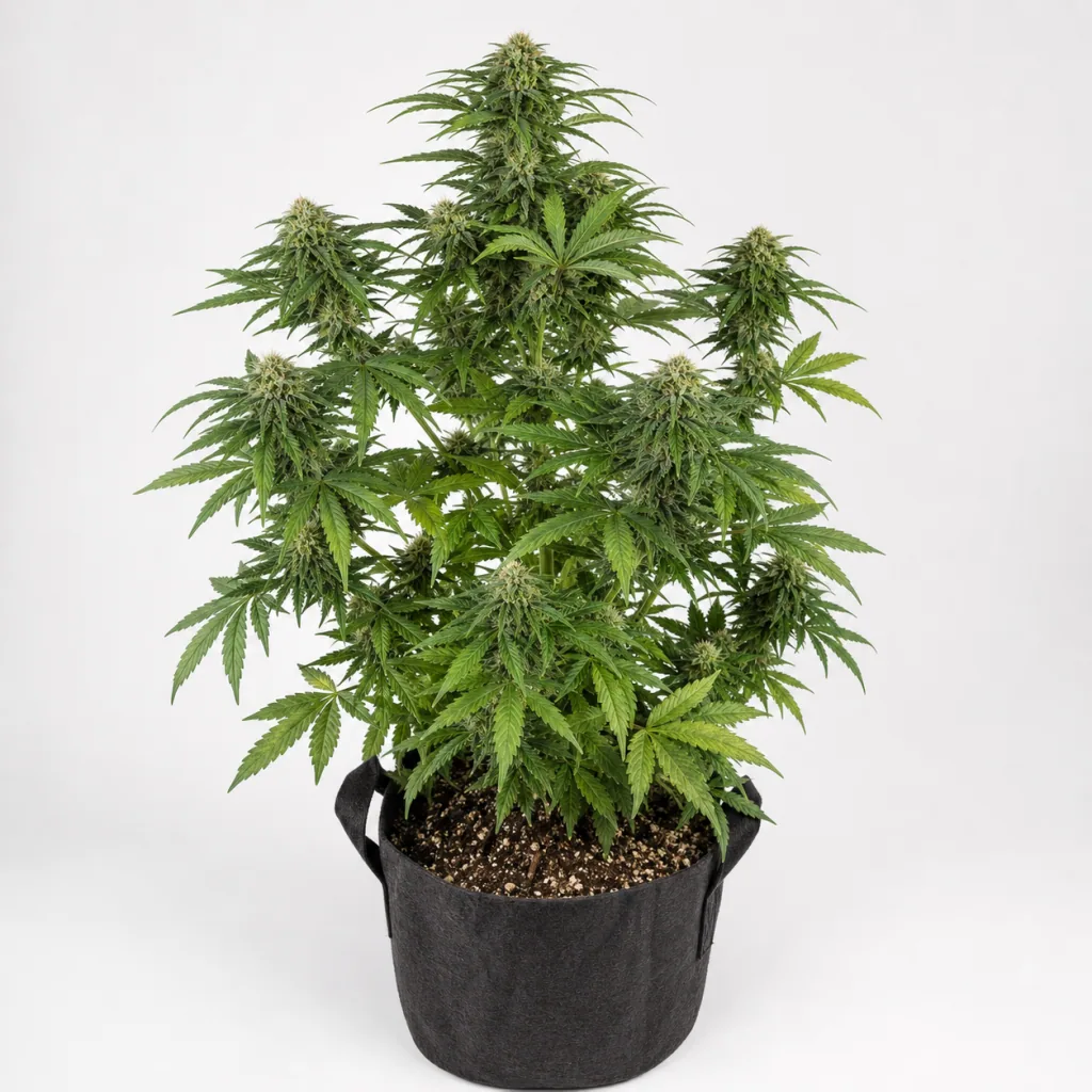 Planta de Bubba Kush x PCK de ACE Seeds en floración, con varios cogollos y hojas verdes, en maceta textil negra sobre fondo blanco.
