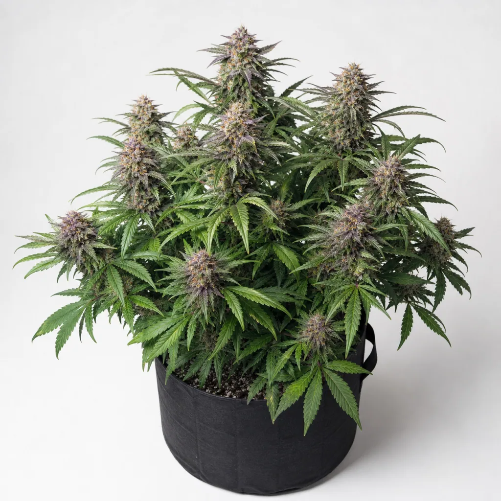 Planta de CBD Warlock Feminizada en maceta de tela negra, con varias colas florales de tonos morados y hojas verdes.