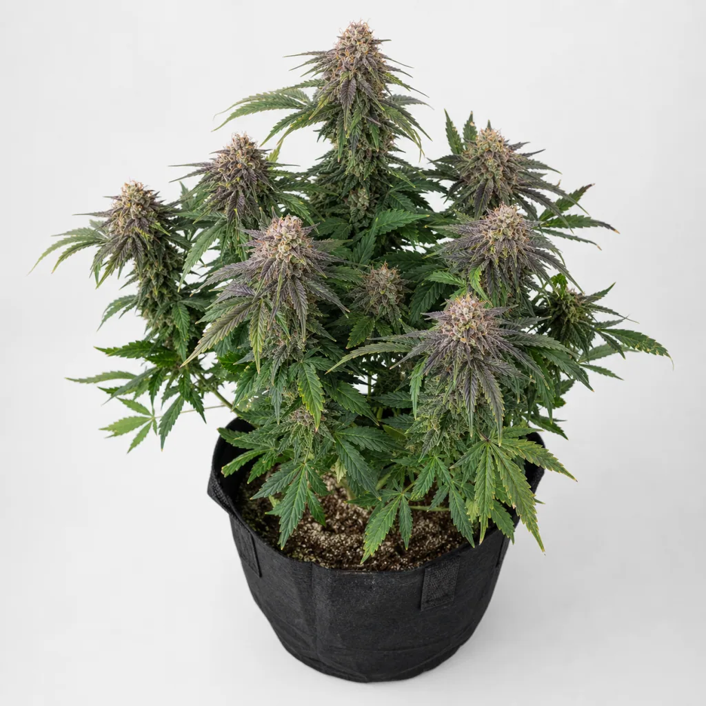 Planta de Cookies Sherbert Auto en maceta negra de tela, con cogollos alargados y hojas verdes y moradas sobre fondo claro.