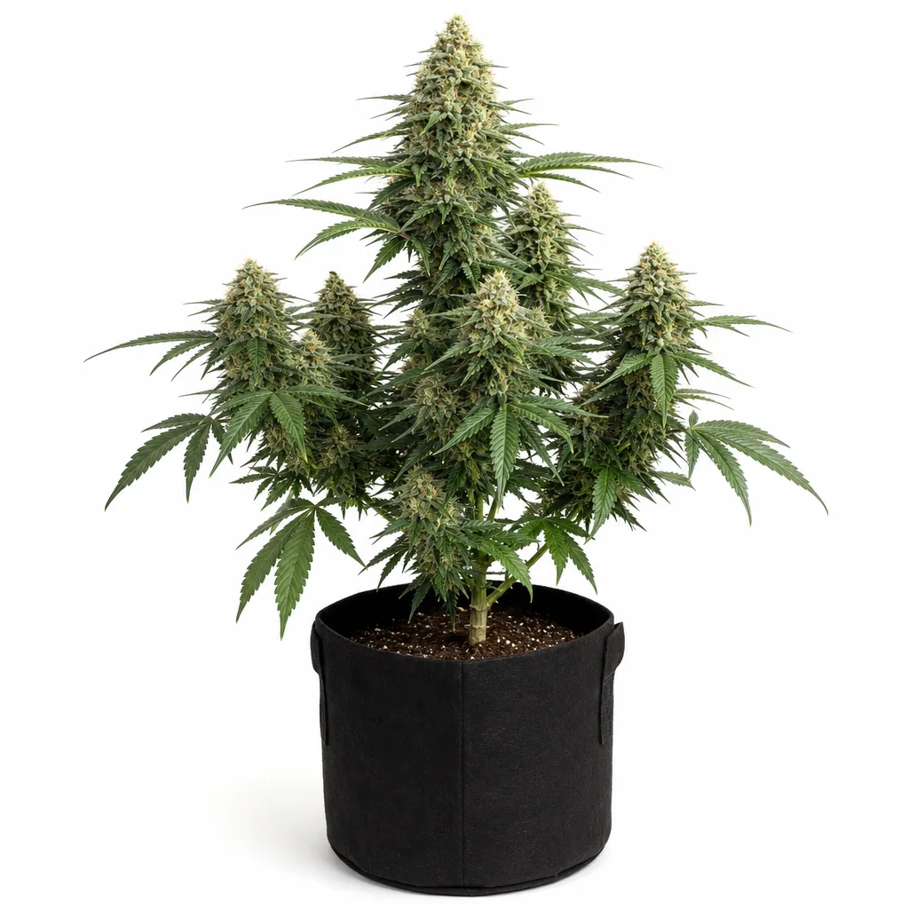 Planta de Critical+ 2.0 Feminizada en maceta de tela negra, con una cola central alta y varias ramas floridas sobre fondo blanco.