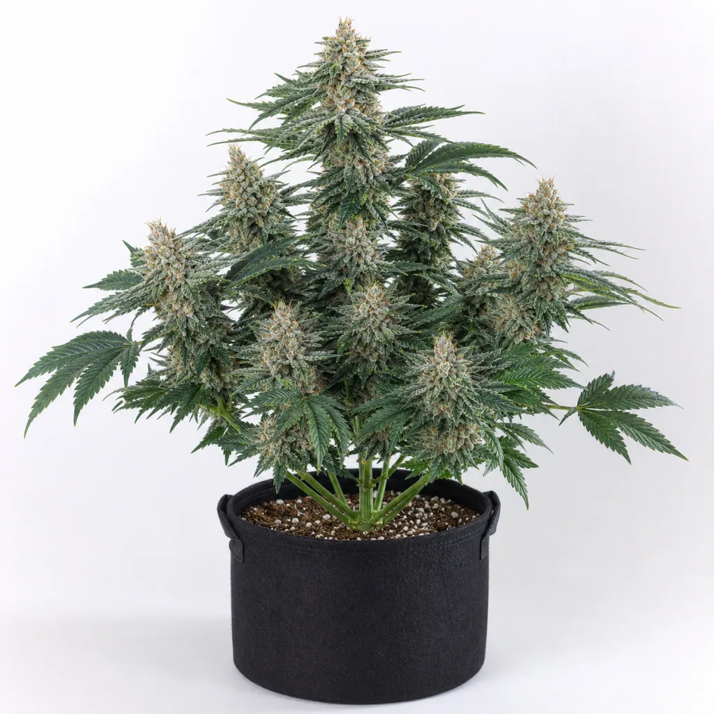 Planta Auto Mokum’s Tulip en floración, con numerosos cogollos y hojas verdes, en maceta de tela negra sobre fondo blanco.