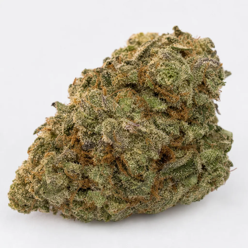 Cogollo de Ethiopia Regular de ACE Seeds en primer plano, verde con pistilos anaranjados y abundantes tricomas claros, sobre fondo blanco.