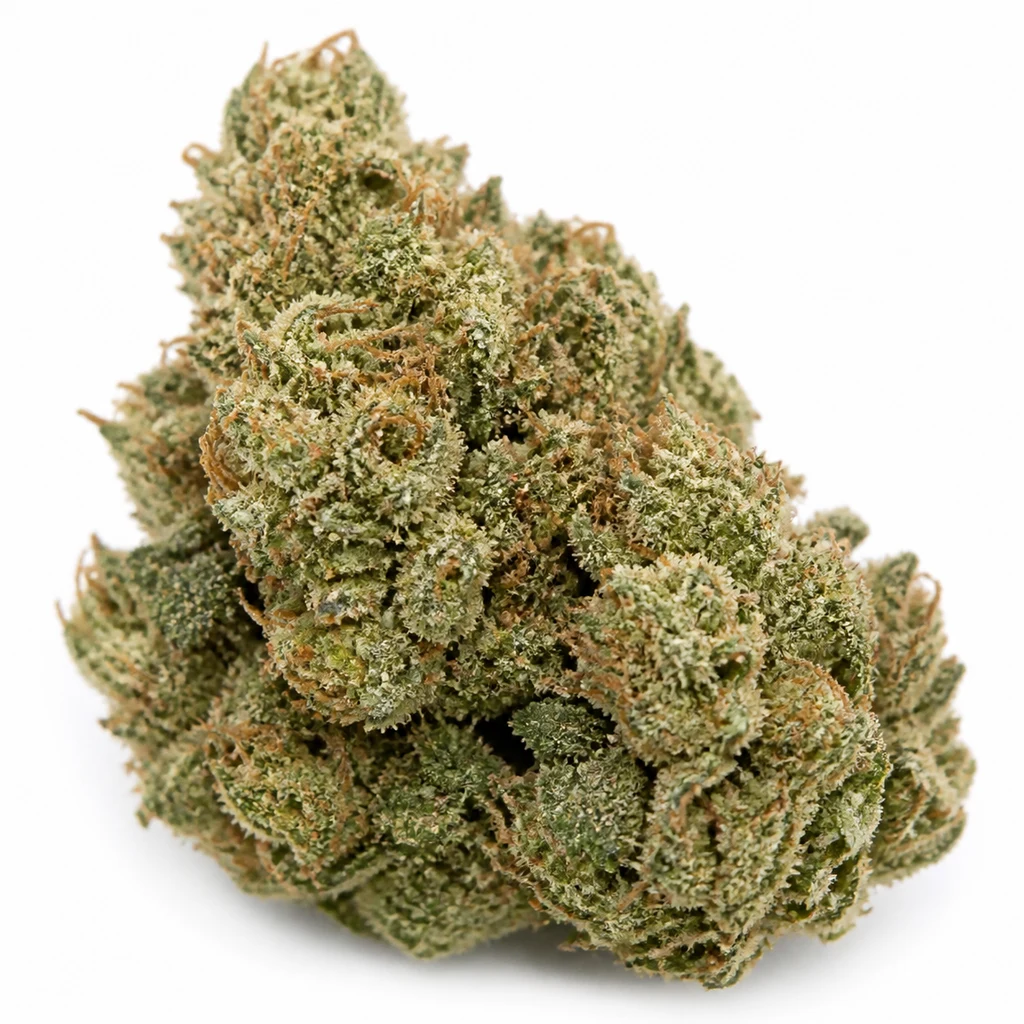 Ilustración de un cogollo verde con filamentos anaranjados y recubrimiento blanquecino para la ficha de Blue Cheese Auto de Expert Seeds.