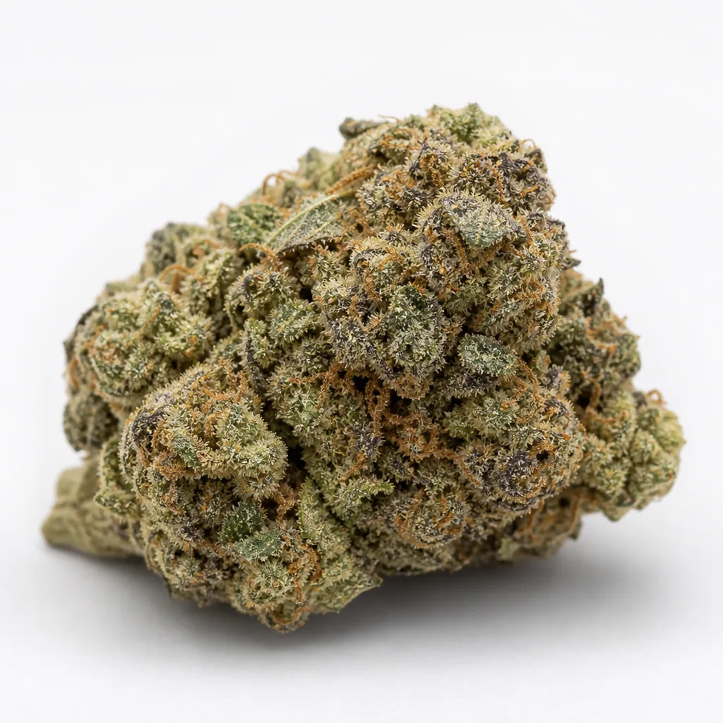 Cogollo de Blueberry Glue Feminizada sobre fondo blanco, de forma compacta, con tonos verdes y morados y filamentos anaranjados.
