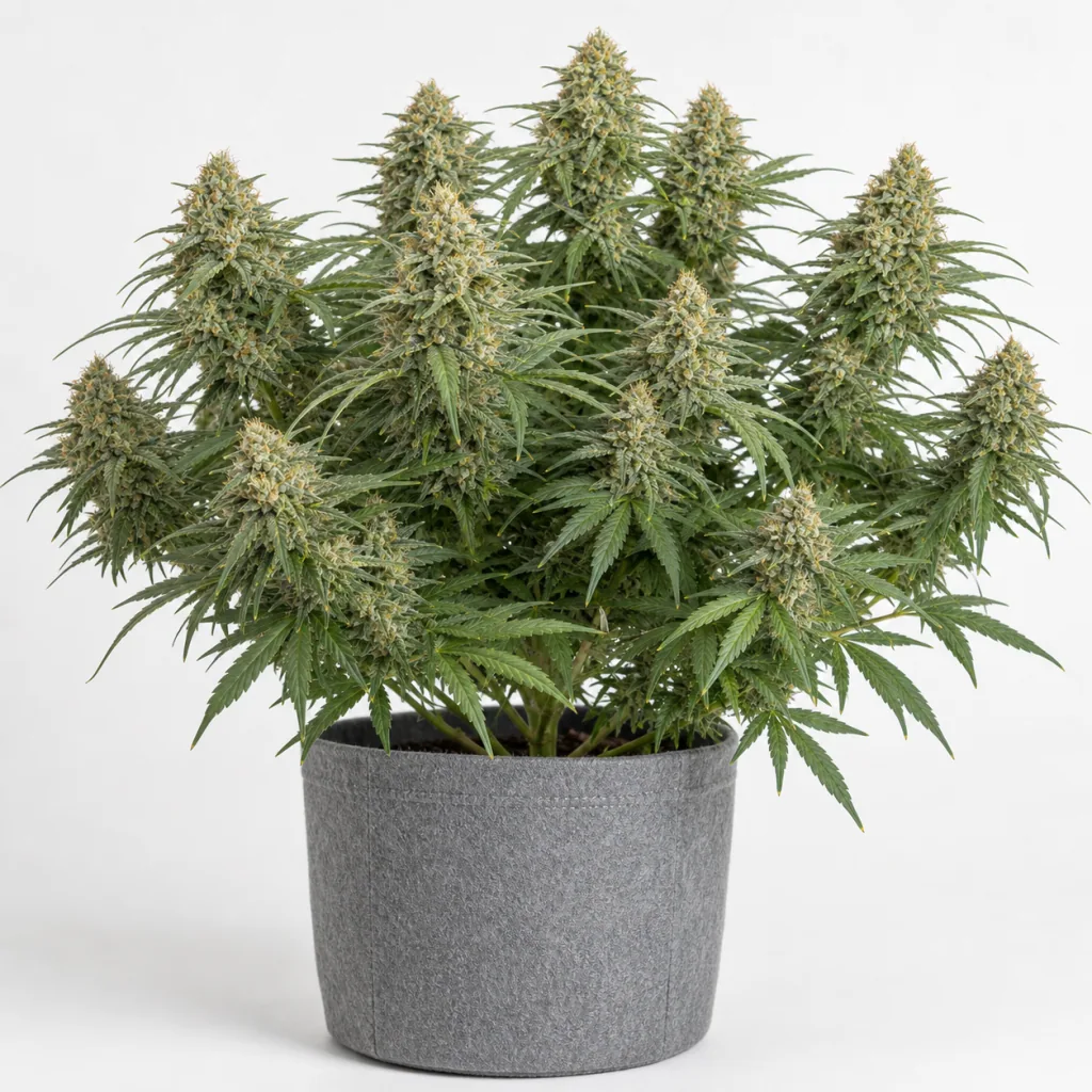 Planta de Blueberry Glue Feminizada en maceta gris, con varias ramas cargadas de cogollos y hojas verdes sobre fondo blanco.