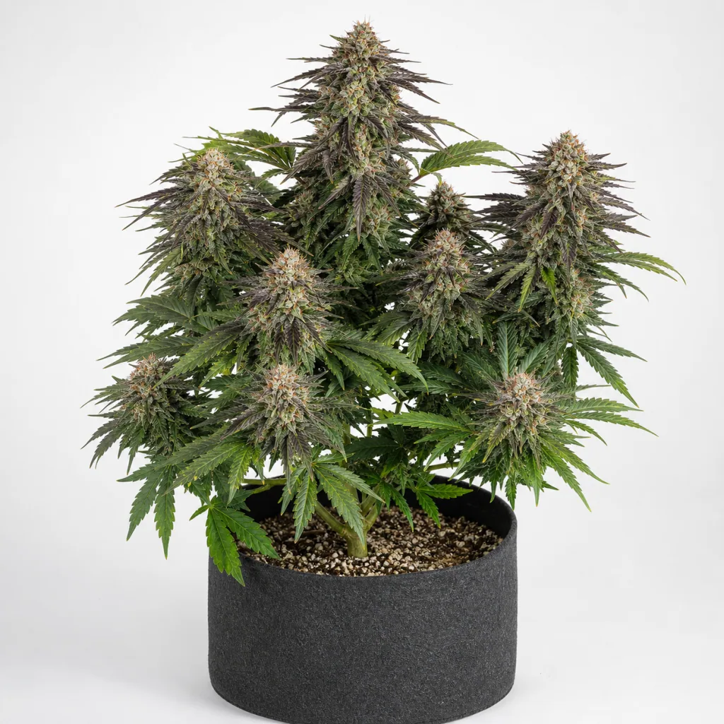 Planta de Cream Cookies Auto de Fast Buds en maceta de tela oscura, con cogollos densos y hojas verdes y moradas sobre fondo blanco.