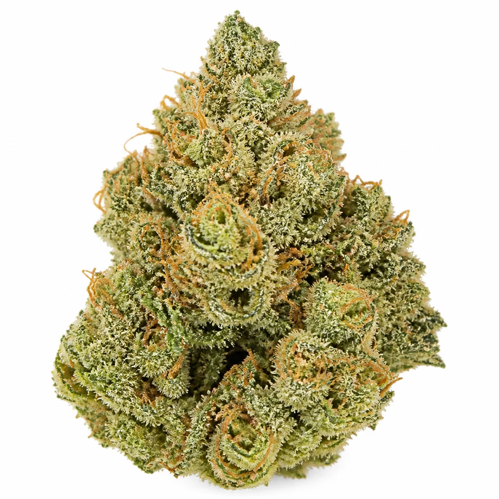 Ilustración de un cogollo verde con filamentos anaranjados y superficie cubierta de puntos claros para la ficha de Lemon AK Auto de Fast Buds.