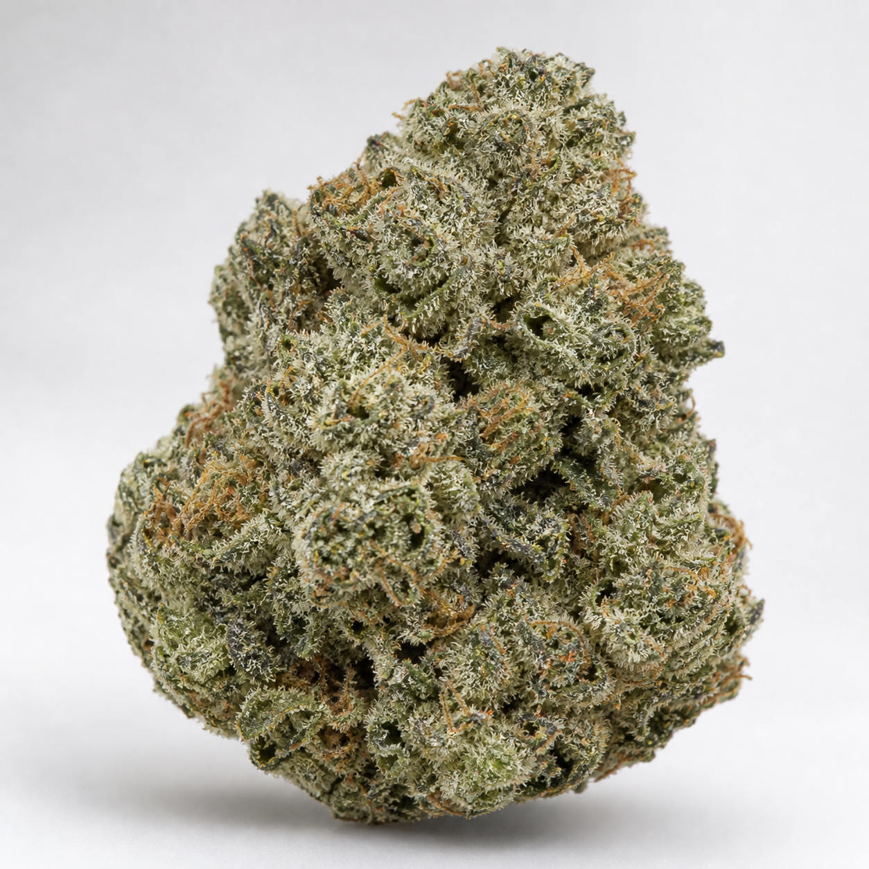 Cogollo de Fast & Vast Auto de Heavyweight Seeds sobre fondo blanco, con forma cónica, tonos verdes y abundante recubrimiento blanquecino.