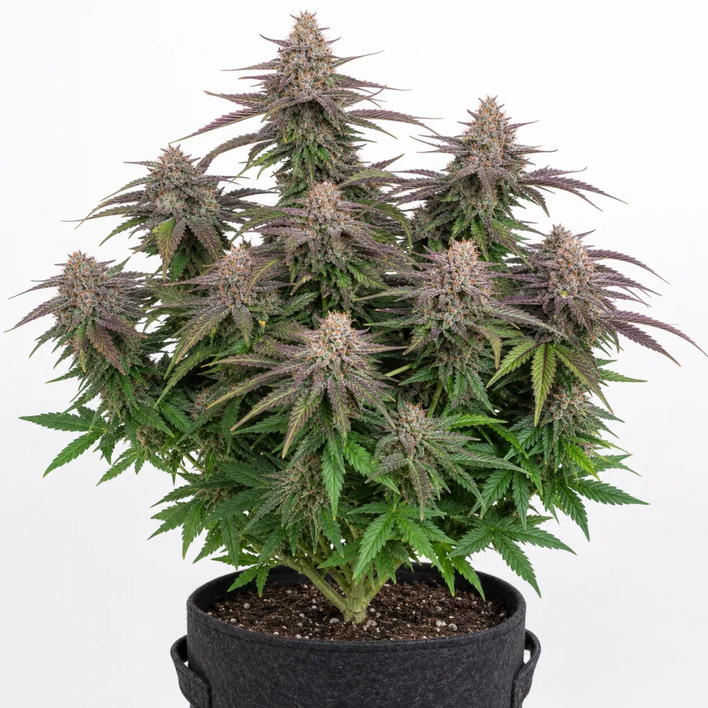 Planta de Big Bud Auto de Fast Buds en maceta textil negra con asas, con numerosas ramas floridas y hojas verdes y púrpuras sobre fondo blanco.