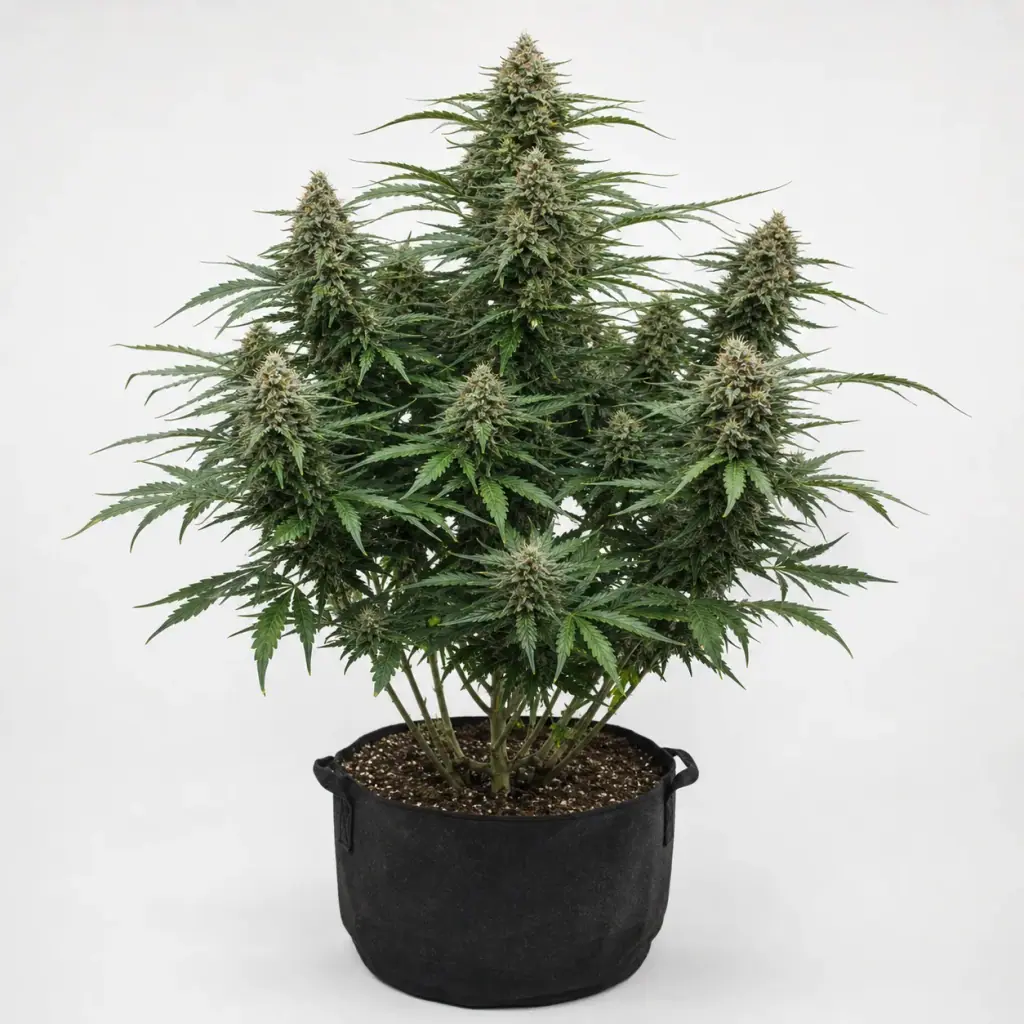 Planta de Kosher Cake Auto en floración, con abundante follaje verde y cogollos alargados, en maceta textil negra sobre fondo claro.