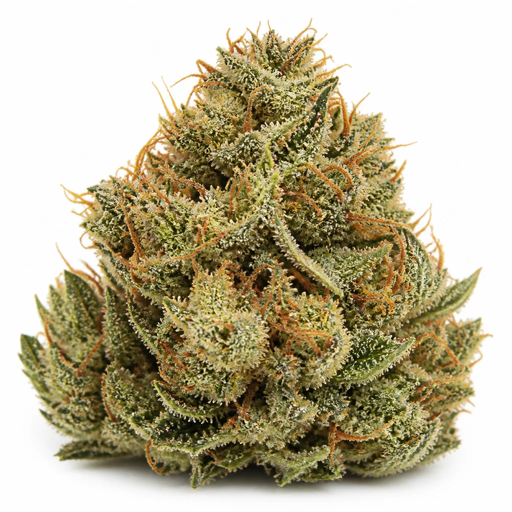 Ilustración de un cogollo verde con filamentos anaranjados y abundantes puntos claros para la ficha de Fruity Juice Regular de Sensi Seeds.