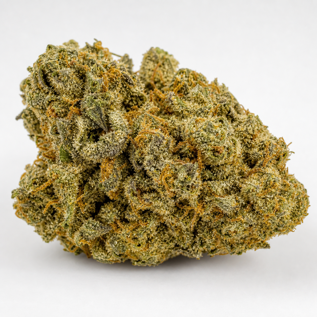 Primer plano de un cogollo Blue Dream Auto de Garden Of Green, con tonos verdes, filamentos anaranjados y superficie resinosa.