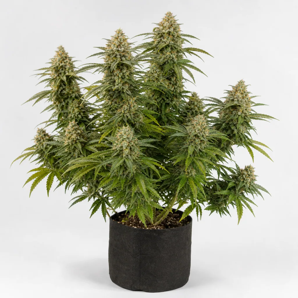 Planta de Gelato Acai Berry x Purple Punch en maceta negra, con abundantes cogollos alargados y hojas verdes sobre fondo blanco.