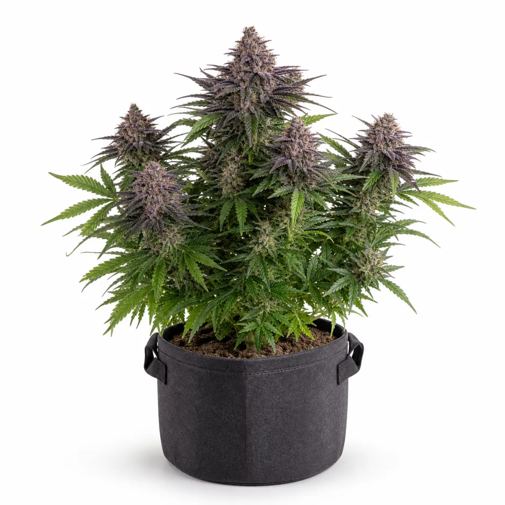 Planta de Girl Scout Cookies Feminizada en maceta negra con asas, con cogollos de tonos morados y hojas verdes sobre fondo blanco.