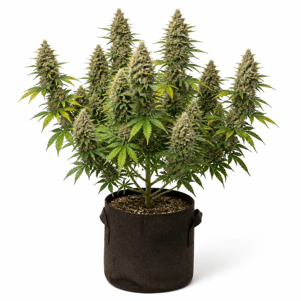 Ilustración de una planta con varias flores alargadas y hojas verdes en maceta oscura para la ficha de Himalaya Gold Feminizada.